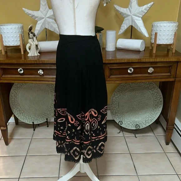 Women Vtg West End A line Cotton Southwestern Black Batik Beaded Hem Midi Skirt - Picture 5 of 11